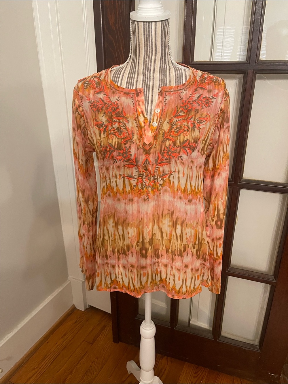 Sundance Pink Orange Tie-Dye Embroidered Henley Tunic